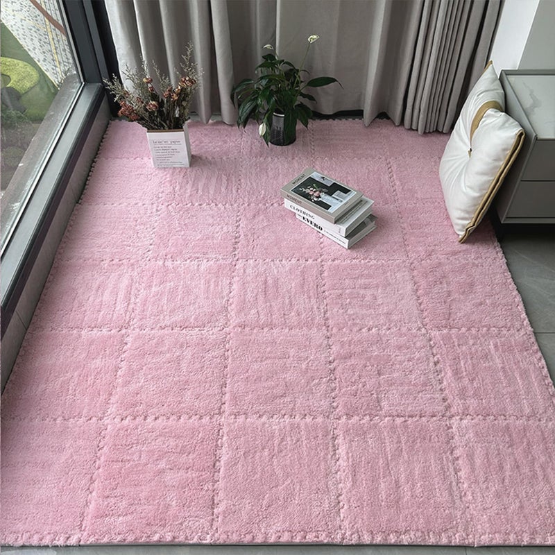 HUIDUO 12 Pcs Kids Foam Interlocking Carpet Tiles with Border, Thick Carpet Squares Plush Floor Playmats Baby Crawling Rug - 49" x 37" (Pink, 12 Tiles) - Image 3